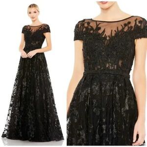 $798 Mac Duggal 20405 Size 10 Black Floral Embroidery Formal Gown Ballgown Dress